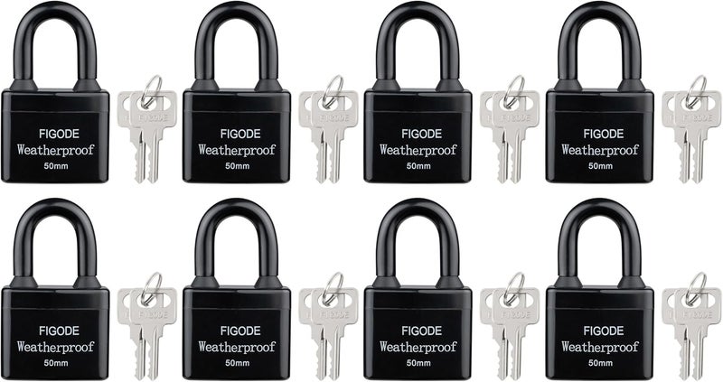 FIGODE ® Outdoor Waterproof Padlocks, Covered Heavy Duty Laminated Steel Locks, Large Sturdy Locks, 2.2 in. Wide, 8 Locks Same Key, Standard Shackle - Image 1